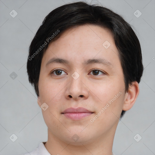 Neutral asian young-adult male with short  brown hair and brown eyes