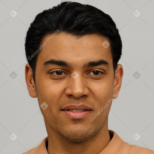 Joyful latino young-adult male with short  black hair and brown eyes