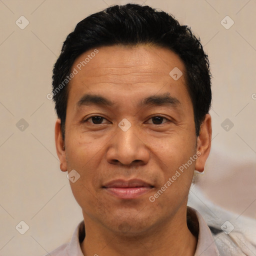 Joyful asian adult male with short  black hair and brown eyes