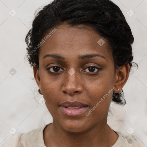 Joyful latino young-adult female with short  black hair and brown eyes