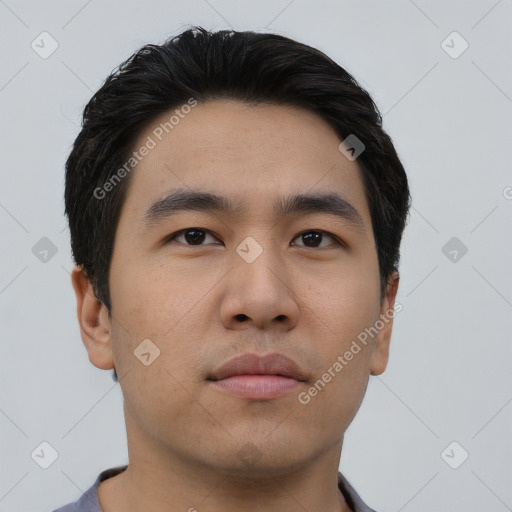 Neutral asian young-adult male with short  black hair and brown eyes