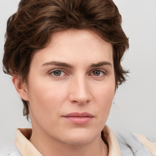 Neutral white young-adult female with short  brown hair and brown eyes