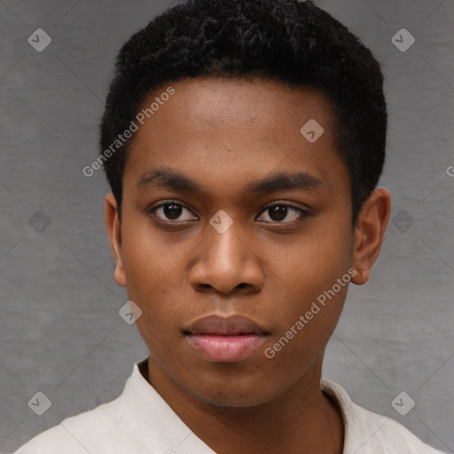 Neutral black young-adult male with short  black hair and brown eyes