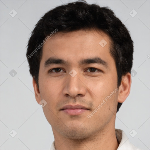 Neutral white young-adult male with short  black hair and brown eyes