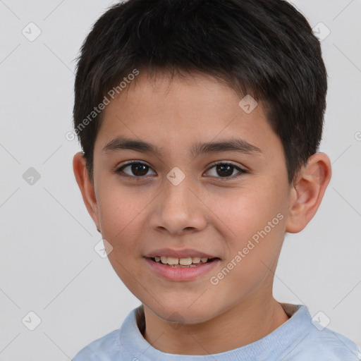 Joyful white child male with short  brown hair and brown eyes