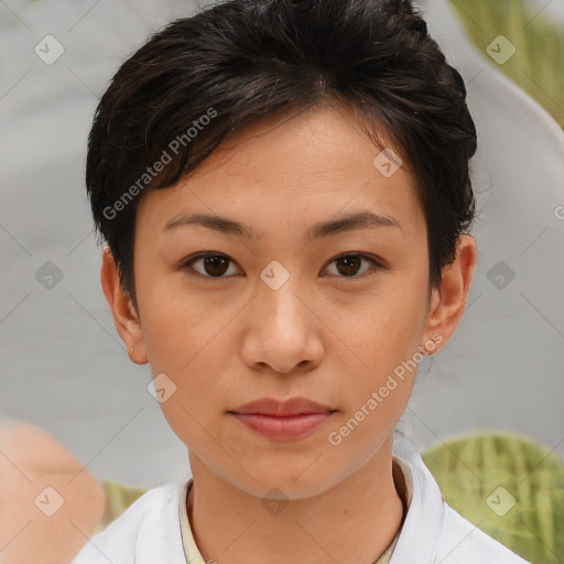 Neutral white young-adult female with short  brown hair and brown eyes