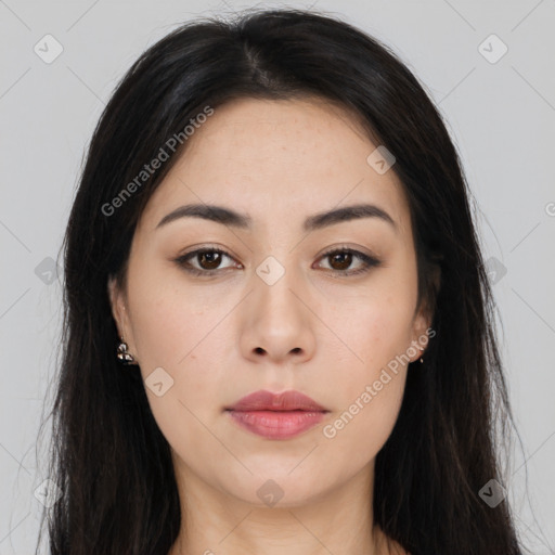 Neutral asian young-adult female with long  brown hair and brown eyes