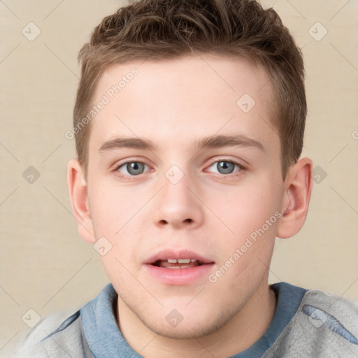 Neutral white young-adult male with short  brown hair and grey eyes