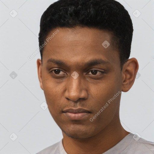 Neutral black young-adult male with short  black hair and brown eyes