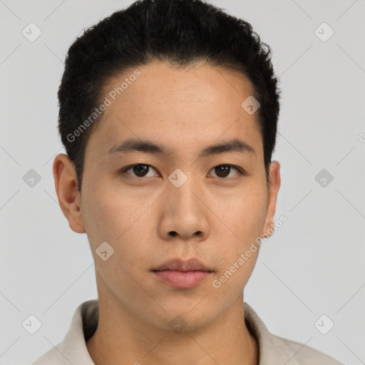 Neutral asian young-adult male with short  black hair and brown eyes