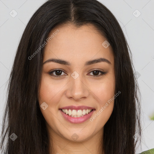 Joyful latino young-adult female with long  brown hair and brown eyes