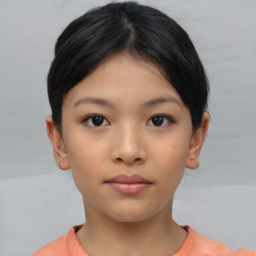 Neutral asian young-adult female with short  brown hair and brown eyes