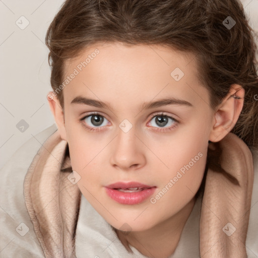 Joyful white child female with medium  brown hair and grey eyes