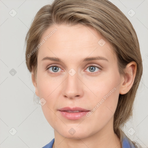 Neutral white young-adult female with medium  brown hair and blue eyes