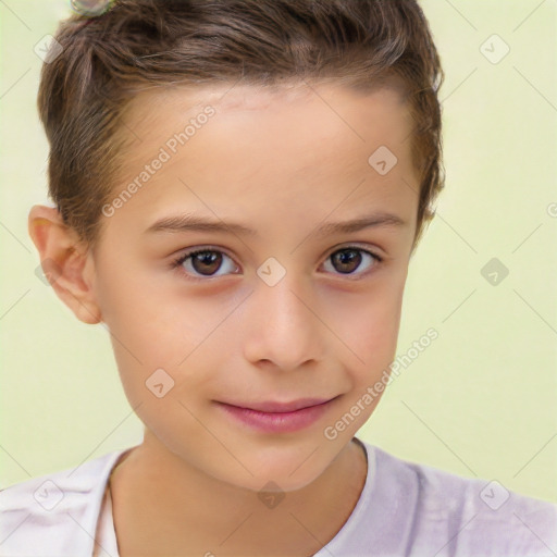 Joyful white child female with short  brown hair and brown eyes