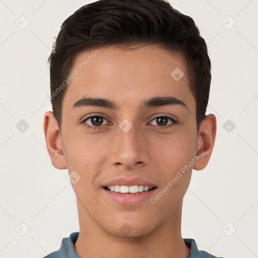 Joyful white young-adult male with short  brown hair and brown eyes