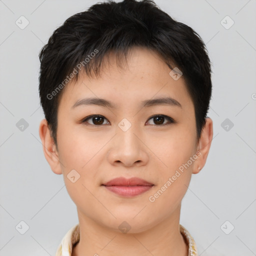 Joyful asian young-adult female with short  brown hair and brown eyes