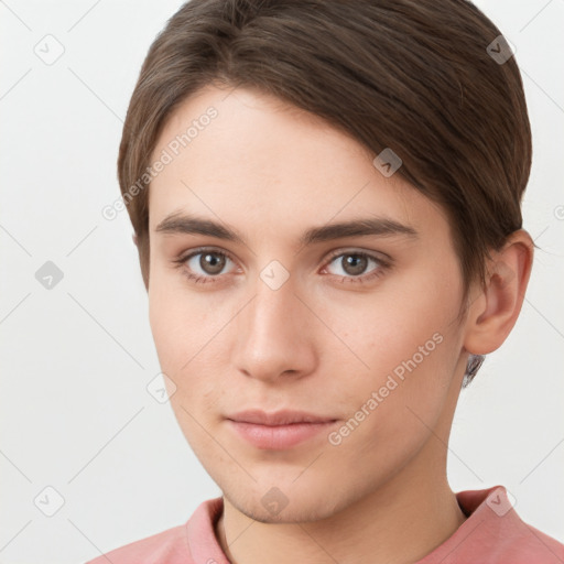 Neutral white young-adult female with short  brown hair and brown eyes