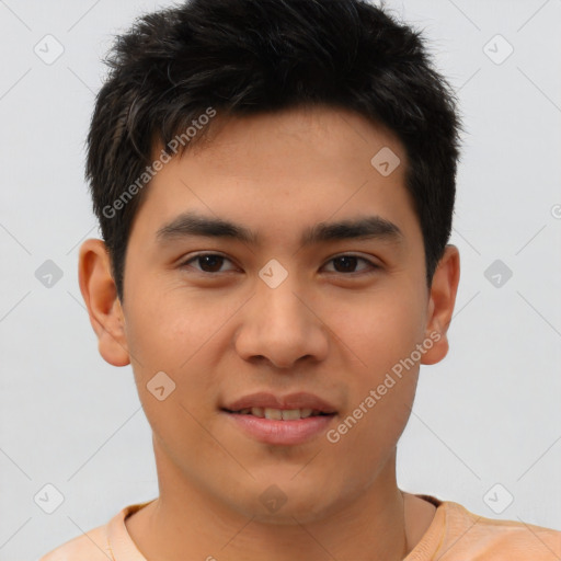 Joyful asian young-adult male with short  brown hair and brown eyes