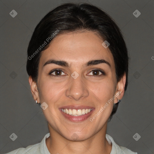 Joyful white young-adult female with short  brown hair and brown eyes