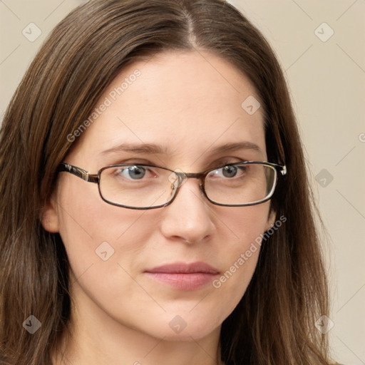 Neutral white young-adult female with long  brown hair and grey eyes