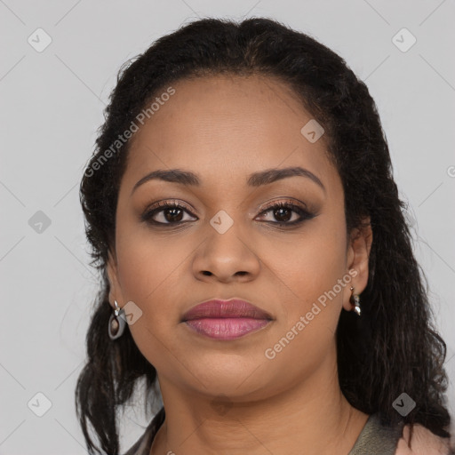 Joyful latino young-adult female with long  brown hair and brown eyes