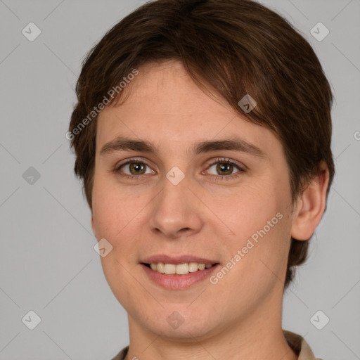 Joyful white young-adult female with short  brown hair and brown eyes