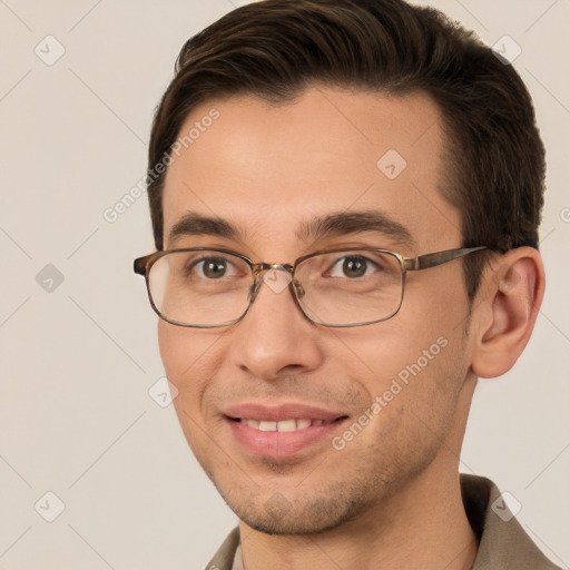 Joyful white young-adult male with short  brown hair and brown eyes