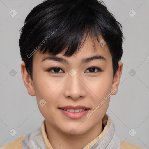 Joyful asian young-adult female with short  brown hair and brown eyes