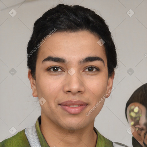 Joyful latino young-adult male with short  black hair and brown eyes