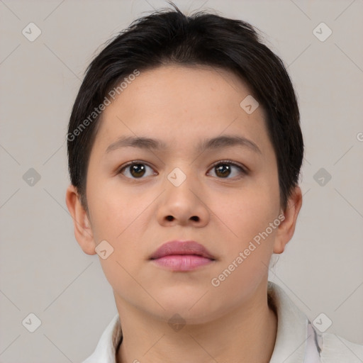 Neutral white young-adult female with short  brown hair and brown eyes