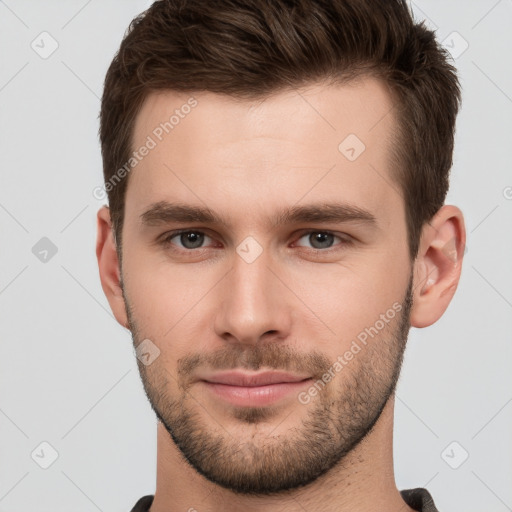 Neutral white young-adult male with short  brown hair and grey eyes