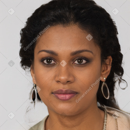 Joyful black young-adult female with long  brown hair and brown eyes