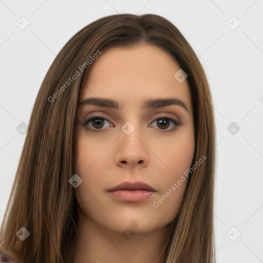 Neutral white young-adult female with long  brown hair and brown eyes