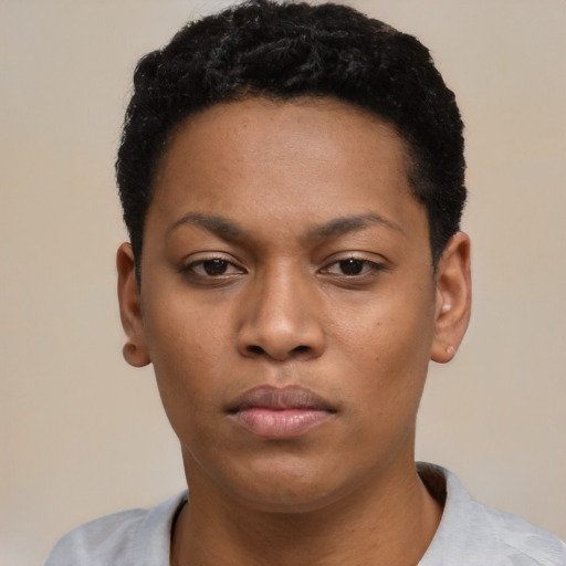 Neutral black young-adult female with short  black hair and brown eyes