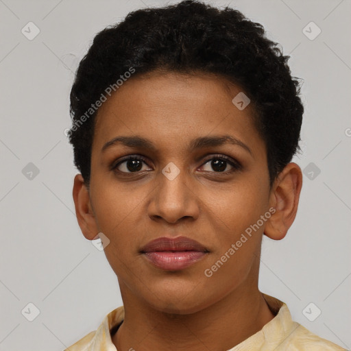 Joyful black young-adult female with short  brown hair and brown eyes