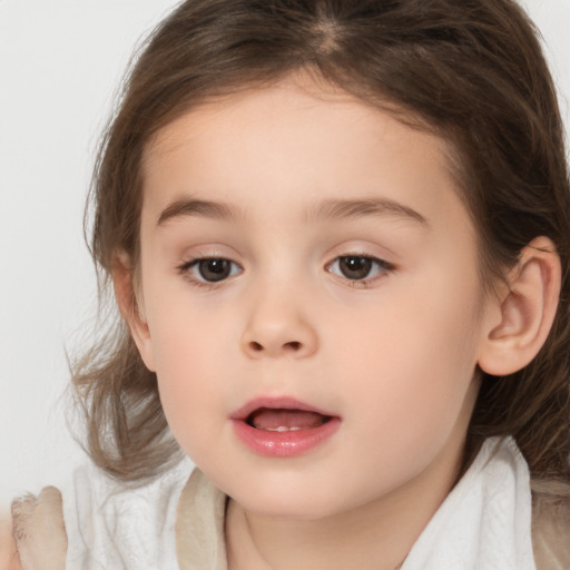 Joyful white child female with medium  brown hair and brown eyes