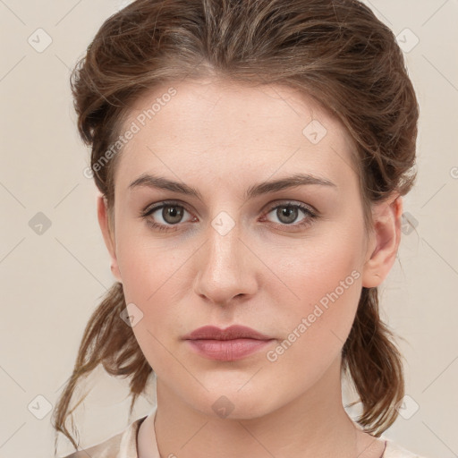 Neutral white young-adult female with medium  brown hair and grey eyes