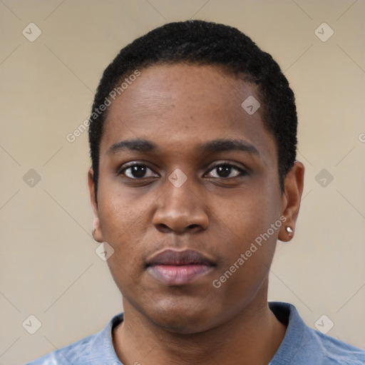 Neutral black young-adult male with short  black hair and brown eyes