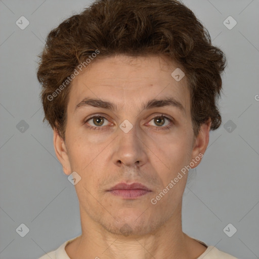 Neutral white adult male with short  brown hair and brown eyes