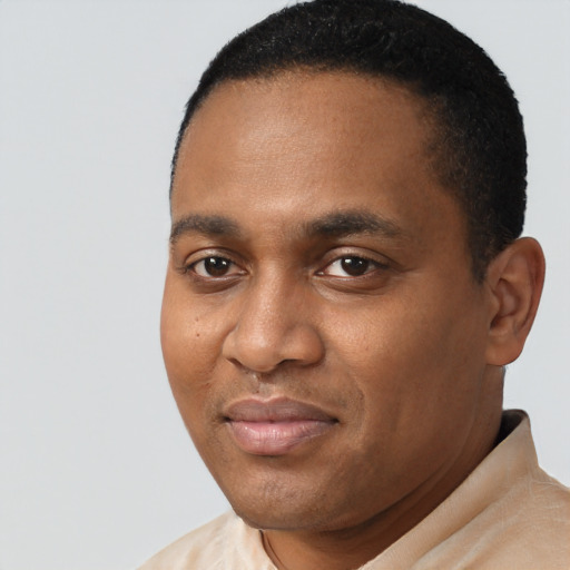 Joyful black young-adult male with short  brown hair and brown eyes