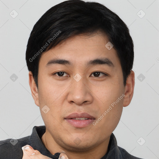 Neutral asian young-adult male with short  black hair and brown eyes