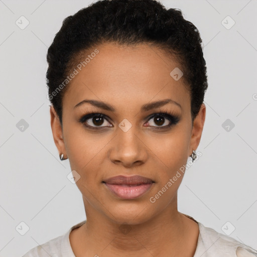 Joyful latino young-adult female with short  black hair and brown eyes