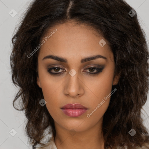 Neutral white young-adult female with long  brown hair and brown eyes