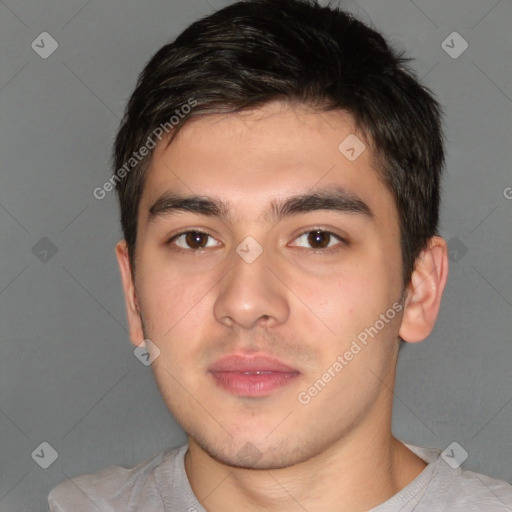 Neutral white young-adult male with short  brown hair and brown eyes