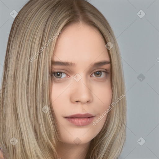 Neutral white young-adult female with long  brown hair and brown eyes