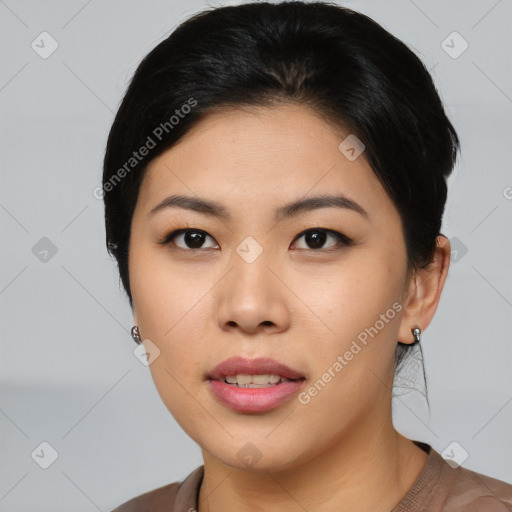 Neutral asian young-adult female with short  black hair and brown eyes