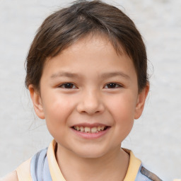 Joyful white child female with short  brown hair and brown eyes