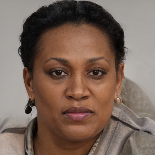 Joyful black adult female with short  brown hair and brown eyes