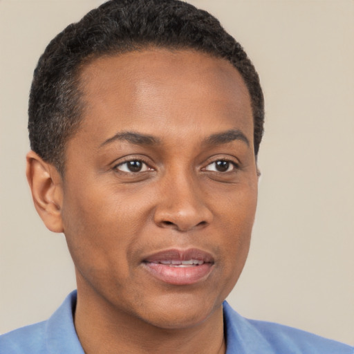 Joyful black young-adult male with short  brown hair and brown eyes